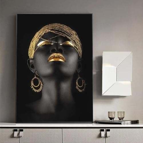 LSYALUCK Afrikanische schwarze Frau Porträt Leinwand Gemälde Gold Silber Poster Druck Wandkunst Bild Home Decor für Wohnzimmer Kunstwerk 55 x 70 cm (22 x 28 Zoll) Innenrahmen von LSYALUCK