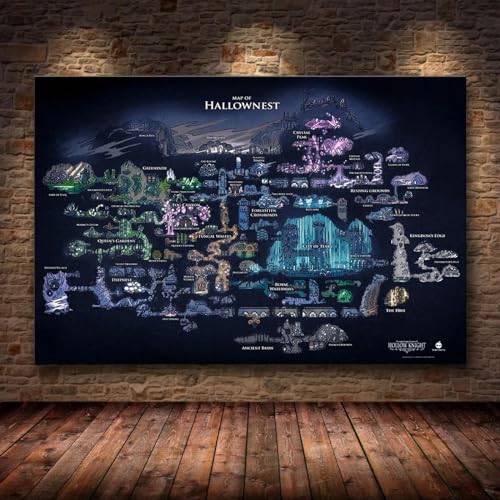 LSYALUCK Hollow Knight Map The Game Poster Dekoration Gemälde auf HD-Leinwand von Hallownest Poster Wandkunst für Zimmer Heimdekoration 95 x 145 cm (37 x 57 Zoll) Innenrahmen von LSYALUCK