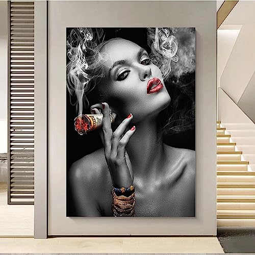 LSYALUCK Kreative Malerei Frauen Rauchen Rote Lippen Leinwand Malerei Poster Drucke Wandkunst Bilder für Wohnzimmer Dekor Wandbilder 80 x 100 cm (32 x 39 Zoll) Innenrahmen von LSYALUCK
