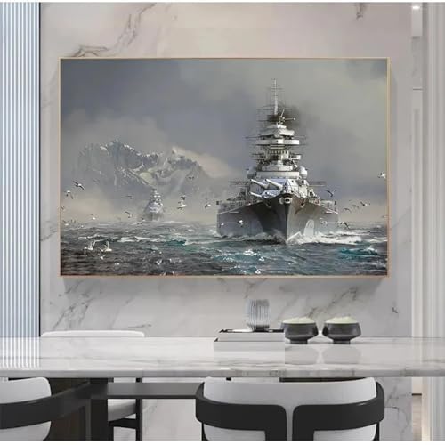 LSYALUCK Kunstwerk Schwarz-Weiß-Schlachtschiff der Bismarck-Klasse, Leinwandgemälde, Poster, Druck, Wandkunst, Bild, moderne Wohnzimmer-Heimdekoration, 90 x 135 cm (35 x 53 Zoll) Innenrahmen von LSYALUCK