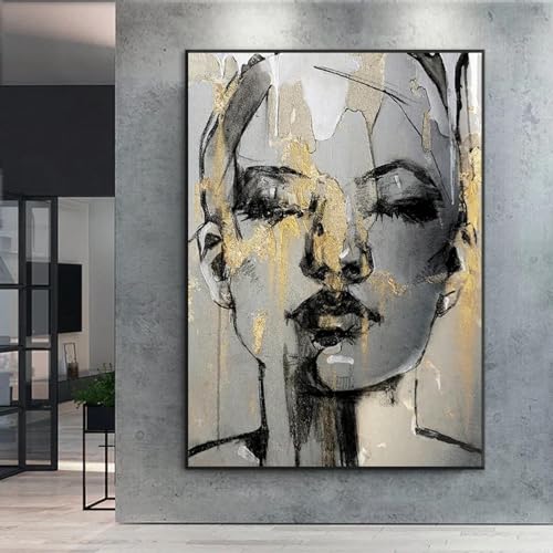 LSYALUCK Wandkunst Bild Leinwanddruck Frauen Gesicht Skizze Gemälde Schwarz und Gold Frau Poster Modern für Wohnzimmer Wanddekoration 70 x 100 cm (28 x 39 Zoll) Rahmenlos von LSYALUCK