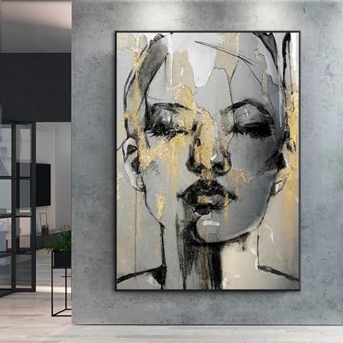 LSYALUCK Wandkunst Bild Leinwanddruck Frauen Gesicht Skizze Gemälde Schwarz und Gold Frau Poster Modern für Wohnzimmer Wanddekoration 80 x 120 cm (32 x 47 Zoll) Rahmenlos von LSYALUCK