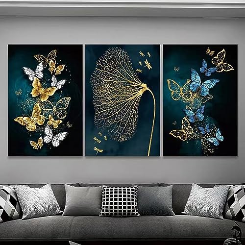 Nordic Gold Blue Butterfly Leaf Gilt Bild Poster Moderne Wandkunst Leinwand Malerei Kunst Gang Wohnzimmer Schlafzimmer Dekor Wandbild 60 x 85 cm (24 x 34 Zoll) x 3 Innenrahmen von LSYALUCK