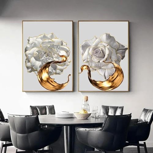 Weiße Rose, Blume, goldener Tintenspritzer, abstraktes Poster, nordische Kunst, Pflanze, modernes Wandbild für Wohnzimmerdekoration, 70 x 90 cm (28 x 35 Zoll) x 2, rahmenlos von LSYALUCK