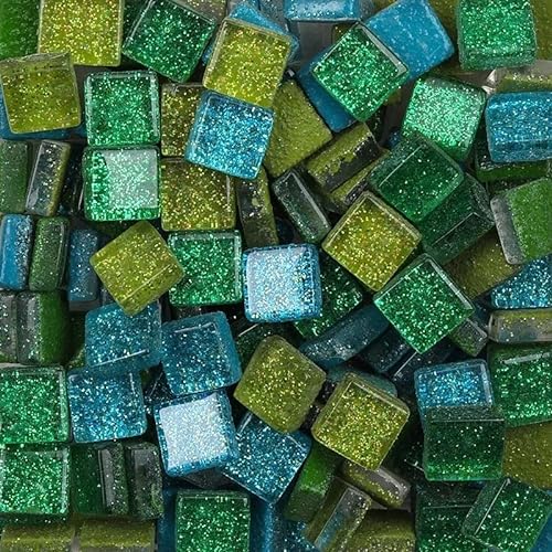 Mosaikfliese 80 g/2,82 Unzen (ca. 85 Stück) glitzerndes, glänzendes Glas, reinfarbige Mosaikfliesen, 1 cm quadratischer Mosaikstein, mehrfarbiges DIY-Bastelmaterial 46 (Color : Green blue) von LSYHHXC