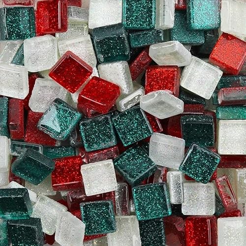 Mosaikfliese 80 g/2,82 Unzen (ca. 85 Stück) glitzerndes, glänzendes Glas, reinfarbige Mosaikfliesen, 1 cm quadratischer Mosaikstein, mehrfarbiges DIY-Bastelmaterial 46 (Color : White red green) von LSYHHXC