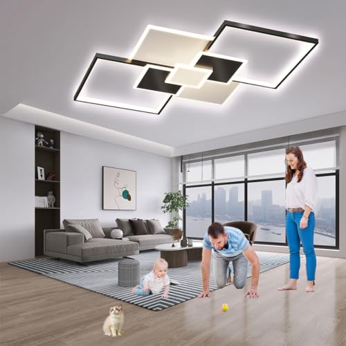 LSYPY LED Wohnzimmer Deckenleuchte Gold Dimmbare Schlafzimmerleuchte mit Fernbedienung, Schwarze Wohnzimmerleuchte, Flurleuchte Gold, Große Deckenleuchte Modernes Design (Schwarz-Weiß, L110*W70) von LSYPY