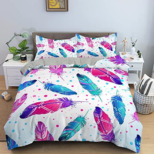 LSYW Bettwäsche 220x240 Bunte Federn Bettwäsche-Set mit Reißverschluss Schließung für Erwachsene Kinder Weicher Atmungsaktive Mikrofaser Bettbezug + 2 Kopfkissenbezug 80x80 cm von LSYW