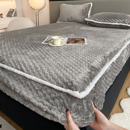 LSZHBSL Plüsch spannbettlaken 200 x 220 + 30 cm Kuschelige Flauschig Cashmere-Touch Winter Warm Bettlaken Spannbetttuch für Boxspringbett Topper Matratze mit Gummizug hellgrau von LSZHBSL