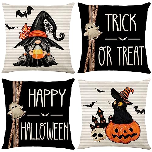 LTDKAEN Happy Halloween Kissenbezüge 45x45cm 4er Set Fledermaus Schwarze Katze Home Dekoration Zwerg Kürbis Leinen Kissen Kissenhülle für Sofa Schlafzimmer von LTDKAEN