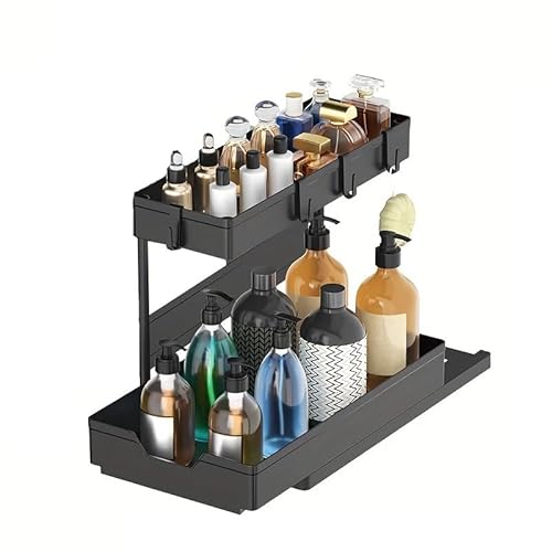 Unterbecken-Aufbewahrung, Küchenorganizer, 2 Etagen, ausziehbare Küchenaufbewahrung unter der Spüle, Mehrzweck-Organisation für Küche, Badezimmer, unten herausziehbarer Korb, schwarz Unterbecken-Aufbewahrung, Küchenorganizer, 2 Etagen, ausziehbare Küchenaufbewahrung unter der Spüle, Mehrzweck-Organisation für Küche, Badezimmer, unten herausziehbarer Korb, schwarz von LTECARP