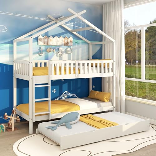 LTGB Etagenbett, Hochbett 90x200, Stockbett für 3 Kinder, Kinderbett mit Lattenrost, Etagenbett 3 Personen, Doppelbett Hausbett von LTGB