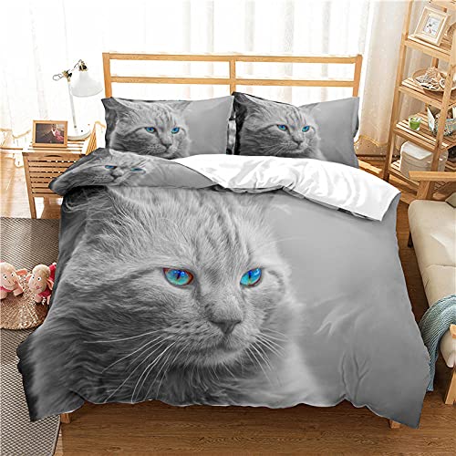 LTHCELE Baumwolle Bettwäsche Bettbezug Set 155 x 220 cm Grau süß Tier Katze 3D Theme Muster Bettbezug und Kissenbezug Easy Care Kinder Jungen Teenager Männer Bettwäsche von LTHCELE