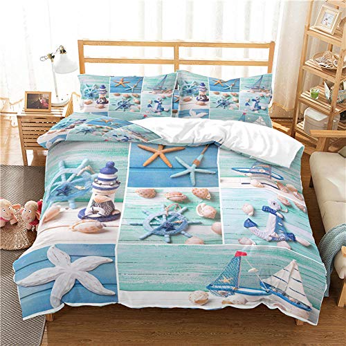 LTHCELE Bettbezug 100% Baumwolle Bettwäsche Mikrofaser 3 teilig 135 x 200 cm Einfach stilvoll Seestern Leuchtturm Bettwäsche Set 3 Teilig Bettbezüge Mikrofaser Bettbezug mit Reißverschluss und 2 Kisse von LTHCELE