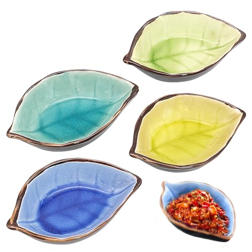 LTHERMELK 4 Stück Mini Schälchen Saucenschalen Blattförmige Keramikschale Mini Dipschalen Porzellan Dessertschalen Dipschalen für Snack Sushi Sojasauce Saucen Gewürzen Frucht Snacks(4 Farben) von LTHERMELK