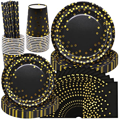 Schwarz und Gold Partygeschirr, Golden Dot Partyteller Set Enthält Pappteller Pappbecher Strohhalme und Servietten für Partys Geburtstag, Babyparty, Hochzeit, Cocktailparty, Jubiläen (20 Gäste) von LTHERMELK