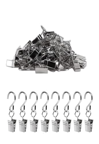 50 Stück Edelstahl Vorhang Clips Gardinen Metall Klammern mit Hängenden Haken, Silber,Clips Kleine Gardinen Klammern für Vorhänge Wohnaccessoires Badezimmer von LTLSZRN