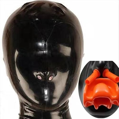 Knebel Maske Latex Kopfbedeckungen Full Cover Haube Latexmaske Mit Red Nasenschlauch Maskerade Frauen Kopfmaske Fetisch Kontroll Maske Mit Reißverschluss Halloween Cosplay Masken,L,Black von LTMDESH