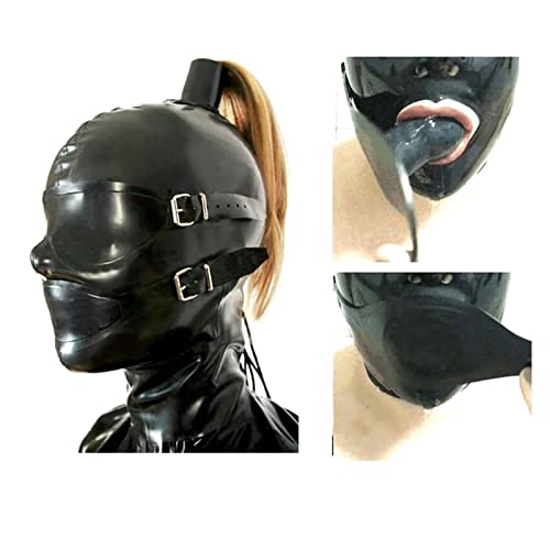 Knebel Maske Latex Maske Frauen Mit Dildo Penis Maske Gesicht Haube Mit Pferdeschwanz Maske Zurück Zip Latex Kopfbedeckungen Heroine Bondage Maskerade Für Frauen SM Sexspielzeug,B-XL,Black von LTMDESH