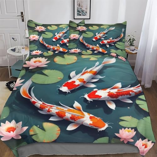 LTTTT Koi-Fisch Bettwäsche 2teilig - Bettbezug Mikrofaser - Weich Bettbezüge Mit Reißverschluss - Deckenbezug Set Mit Kissenbezüge Single(135x200cm) von LTTTT