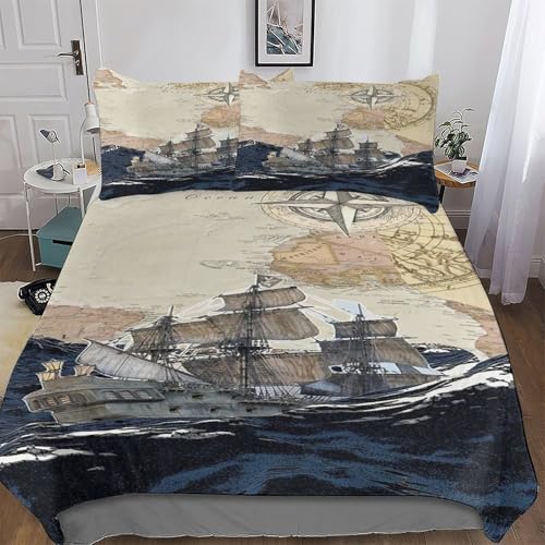 LTTTT Pirate Ship,Boot Deckenbezug Bettwäsche Set 2 teilig Für Jungen Mädchen Microfaser Angenehme Bettbezüge - Bettbezug + Kissenbezug Single(135x200cm) von LTTTT
