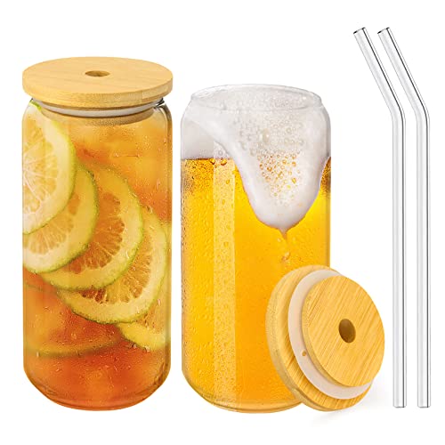 2er Set Bierdosenglas mit Bambus Deckel und Strohhalm 550ML wiederverwendbare Trinkgläser Glasbecher,Bubble Tea Becher Mason Jar für Feier Dekoration Smoothies Kaffee Dosenförmige Margaritas Geschenk von LTZGO