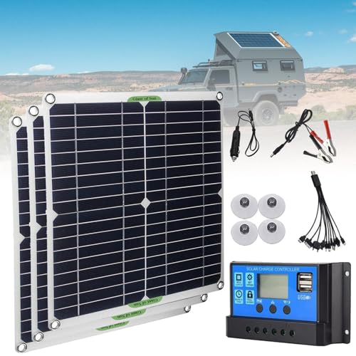 LTdlhFk 200-W-Usb-Solarpanel (28 X 28 cm) – 20 A/30 A/60 A-Controller + 5-In-1-Ladeleitung, Tragbares SolarladegeräT, Pv-Modulsystem – Boot/Wohnmobil/Kabine/Van/Auto,3Pcs-60A von LTdlhFk
