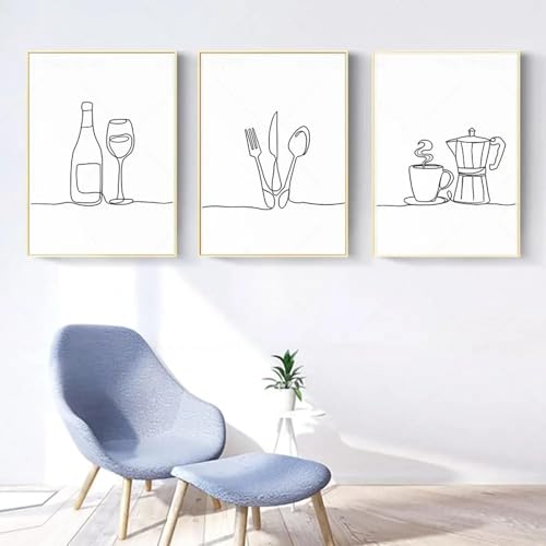 LTjiajuypd Abstrakte Linie Kaffee Weinglas Besteck Wandkunst Leinwand Malerei Nordische Poster und Drucke Bilder Küche Zimmer Dekor 30x40cm-3Pcs Rahmenlos von LTjiajuypd