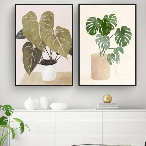 LTjiajuypd Boho-Vase, Monstera-Palmblatt, abstrakte Poster, Wandkunstdruck, Leinwandgemälde für Wohnzimmer, moderne Heimdekoration, 40 x 55 cm, 2 Stück, rahmenlos von LTjiajuypd