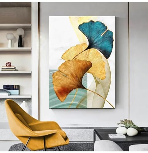 LTjiajuypd Modernes abstraktes Poster mit Pflanzenblättern in Blau, Grün und Gelb, Gold, Wandkunstdruck, Leinwandgemälde für Wohnzimmer, Heimdekoration, 70 x 100 cm, rahmenlos von LTjiajuypd