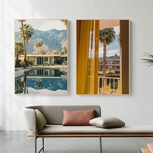 LTjiajuypd Sommer Retro Frische Palme Pool Resort Landschaft Leinwand Malerei Drucke Wandmalerei Wohnzimmer Schlafzimmer Heimdekoration (60x80cm-2pcs) von LTjiajuypd