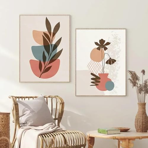 LTjiajuypd Wandkunst Leinwandgemälde Nordischer Boho Berg Sonne Mond Blatt Abstrakte Landschaft Poster und Druck Wandbilder Raumdekoration 60x85cm-2Stk Rahmenlos von LTjiajuypd
