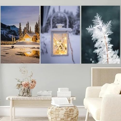 LTjiajuypd Winter Schnee Nacht Landschaft Hütte Poster Wandkunst Druck Leinwand Gemälde für Wohnzimmer Moderne Heimdekoration 60x85cm-3Pcs Rahmenlos von LTjiajuypd