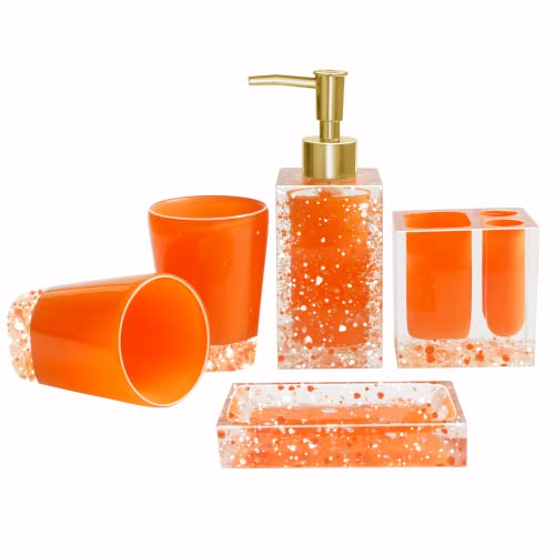 LUANT 5-teiliges Badezimmer-Zubehör-Set aus Kunstharz mit Seifenschale, Spender, Zahnbürstenhalter und Becher, Orange von LUANT