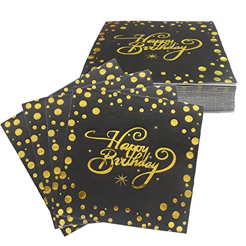 LUBOXIN 40 Stück Servietten Geburtstag Schwarz Gold, Happy Birthday Servietten, 3-Lagig Geburtstagsservietten Papierservietten Geeignet für Mann Frauen Geburtstag Party Deko(33x33cm) von LUBOXIN