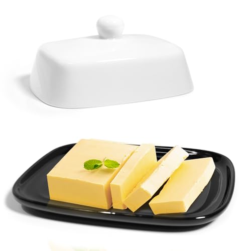 LUBOXIN Butterdose Keramik Schwarz-weiße Butterdose Porzellan mit Deckel und Griff Klassische Butterdose Butterglocke Butterschale Butterbehälter Keramische Butterbox für Alle Gängigen Butter (250g) von LUBOXIN