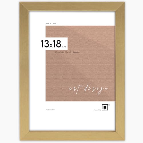 LUCA® Bilderrahmen 13x18 Gold Picture Frame für Fotos MDF Umweltfreundlichem Rahmen mit Bruchsicheren Plexiglas, Aufhänger und Aufsteller von LUCA