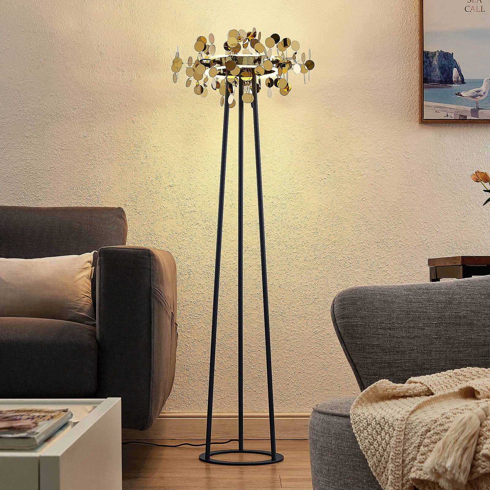 Lucande Glimmo LED-Stehleuchte, schwarz, messing Lucande Glimmo LED-Stehleuchte, schwarz, messing von LUCANDE