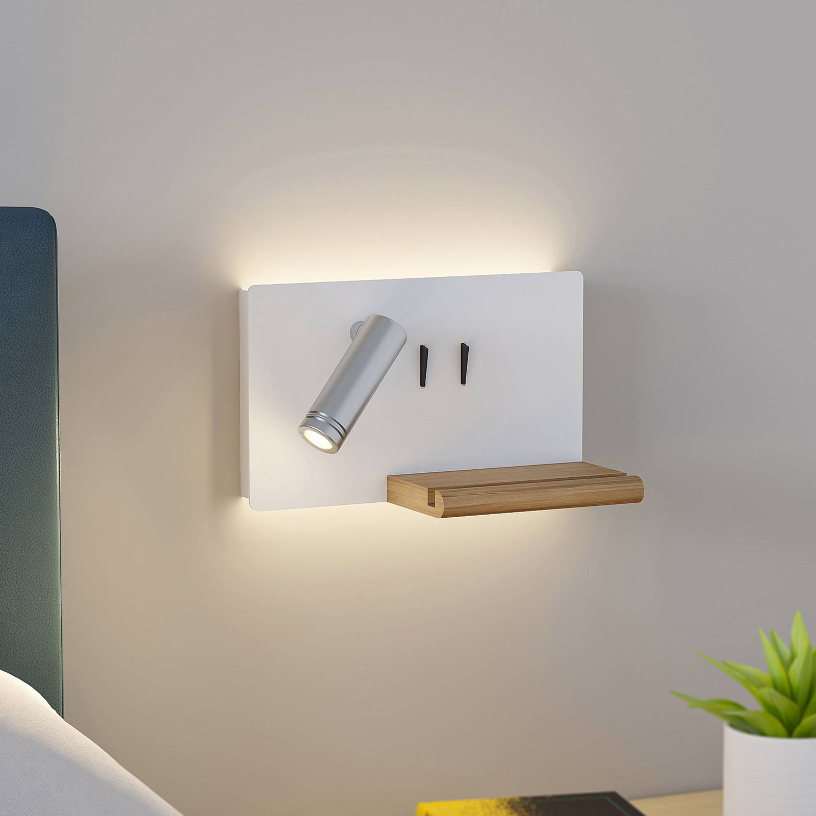 Lucande LED-Wandlampe Kimo, weiß/nickel, Alu, USB, Ablage von LUCANDE