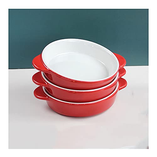 LUCBEI Auflaufform Set von 3 runden AU gratin Back-Teller, Lasagna-Pfanne, Porzellan-Backformen for Küche Lasagne Backpfannen mit Griffen, rot Auflaufformen von LUCBEI