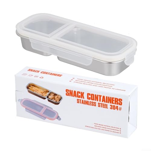 Auslaufsicherer Edelstahl-Snackbehälter mit mehreren Fächern, Lebensmittel-Aufbewahrungsbox mit 2 oder 3 Abschnitten und sicherem Deckel für einfache Organisation von Mahlzeiten (Silber 2 Fächer) von LUCKCDUO
