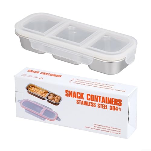 Auslaufsicherer Edelstahl-Snackbehälter mit mehreren Fächern, Lebensmittel-Aufbewahrungsbox mit 2 oder 3 Abschnitten und sicherem Deckel für einfache Organisation von Mahlzeiten (Silber 3 Fächer) von LUCKCDUO