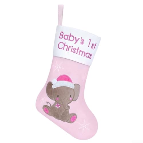 Baby's First Christmas Pink Elephant Stocking 14 Inch Soft Cloth Keepsake Decoration With Hanging Loop For Tree Kaminsims Or Railing Display (Pink) von LUCKCDUO