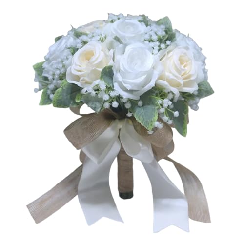 Brautstrauß im Waldstil mit künstlichen Seidenrosen und dekorativen Schleifen, geeignet für Hochzeiten, besondere Anlässe und Fotografiezwecke (cremeweiß + weiß) von LUCKCDUO