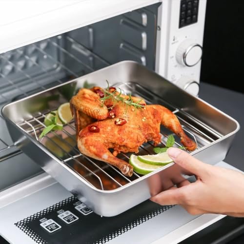 Edelstahl-Bräter, mit abnehmbarem Gestell, großes Backblech, für Truthahn, Huhn, Gemüse, Lasagne, Küche, Kochgeschirr für Ofen (B) von LUCKCDUO