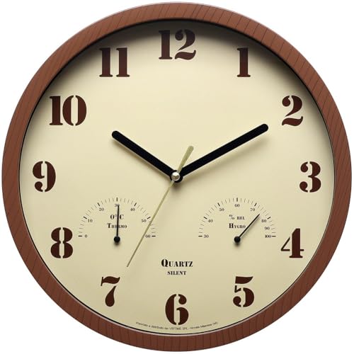 Für Terrasse Wanduhr mit Thermometer und Hygrometer für Innen und Außen Wasserdicht und Wetterfest Design (Holzmaserung) von LUCKCDUO
