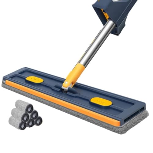 Großer flacher Wischmopp, 360 Grad drehbar, großer flacher Mop, mit verstellbarem Edelstahlgriff, für Fliesen, Hartholz, Boden, Fenster, Reinigung zu Hause (Box mit dunkelblau + 6 Tücher) von LUCKCDUO