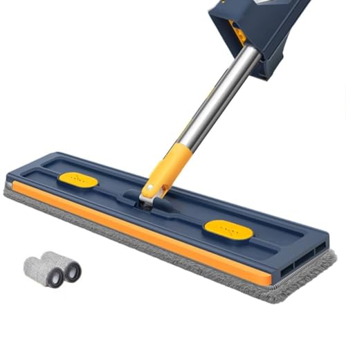 Großer flacher Wischmopp, 360 Grad drehbar, großer flacher Mop, mit verstellbarem Edelstahlgriff, für Fliesen, Hartholz, Boden, Fenster, Reinigung zu Hause (dunkelblau + 2 Tücher) von LUCKCDUO