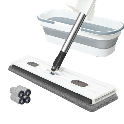 Großer flacher Wischmopp, 360 Grad drehbar, großer flacher Mop, mit verstellbarem Edelstahlgriff, für Fliesen, Hartholz, Boden, Fenster, Reinigung zu Hause (weißer Falteimer + 4 Tücher) von LUCKCDUO