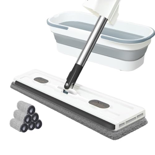 Großer flacher Wischmopp, 360 Grad drehbar, großer flacher Mop, mit verstellbarem Edelstahlgriff, für Fliesen, Hartholz, Boden, Fenster, Reinigung zu Hause (weißer Falteimer + 6 Tücher) von LUCKCDUO